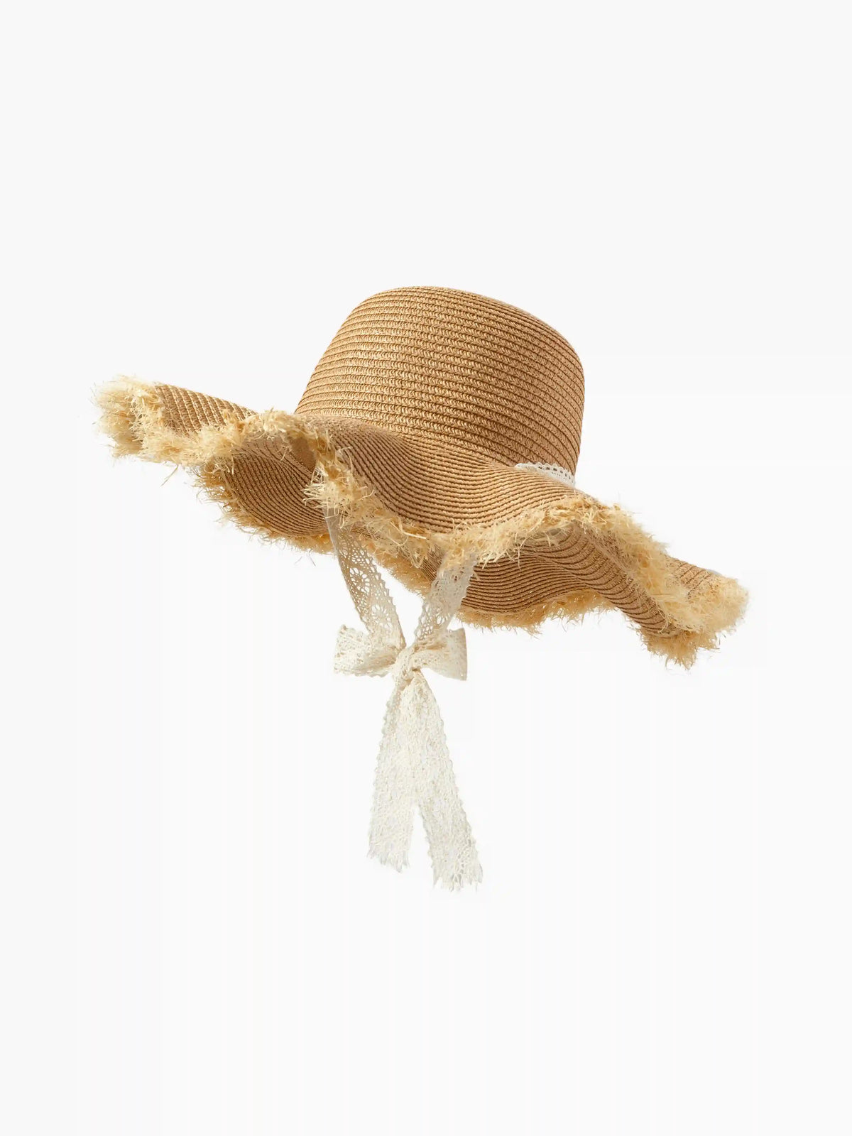 LACE & FRINGED RAFFIA TRIM STRAW HAT