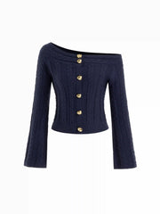 Multi-way Cable Knit Boat Neck Metal Detail Cardigan
