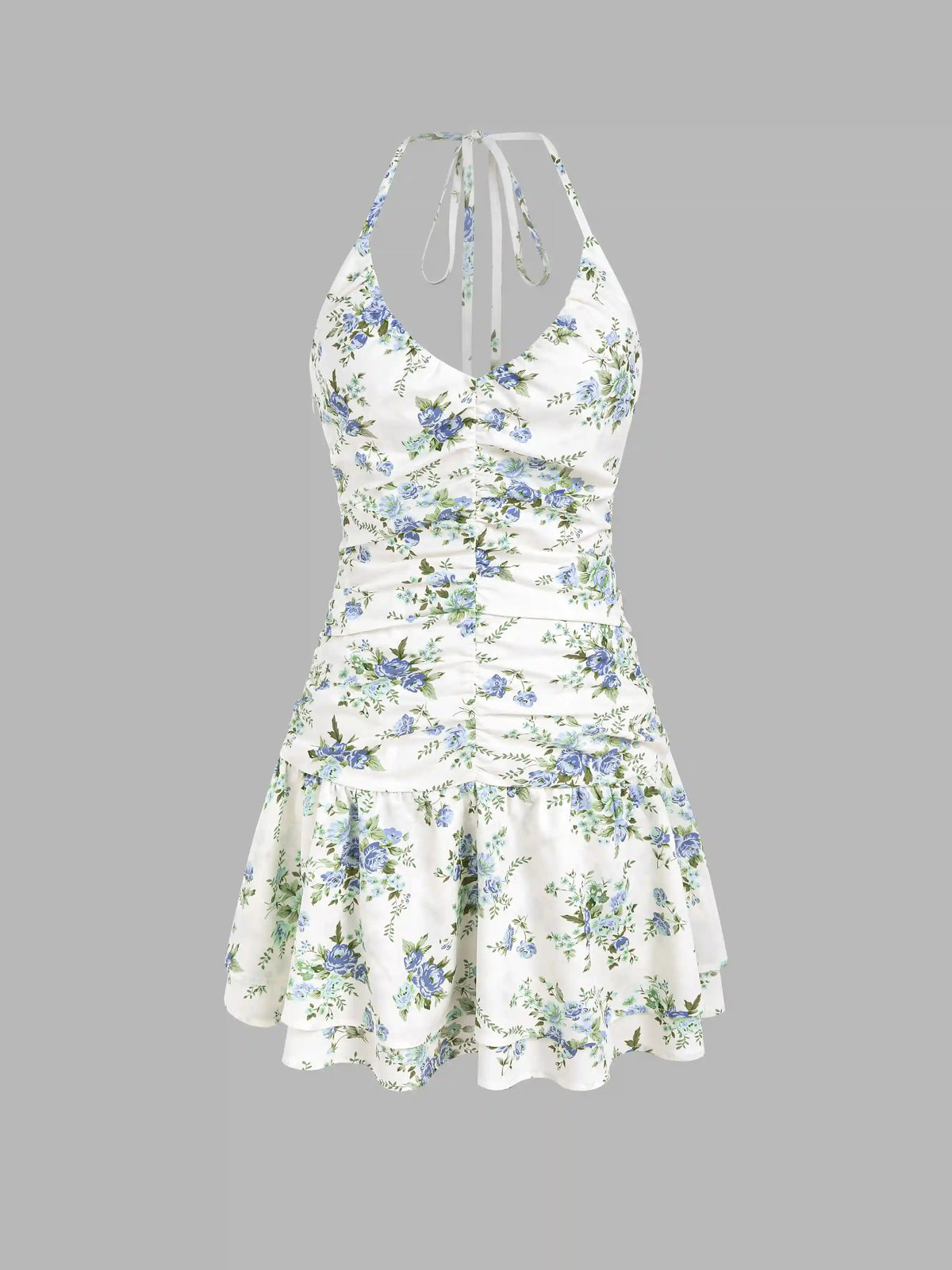 Halter V-neck Floral Layered Ruffle Hem Mini Dress