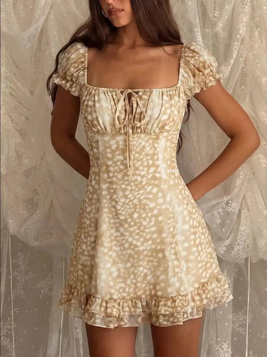 Chiffon Square Neck Puff Sleeve Ruched A-line Mini Dress