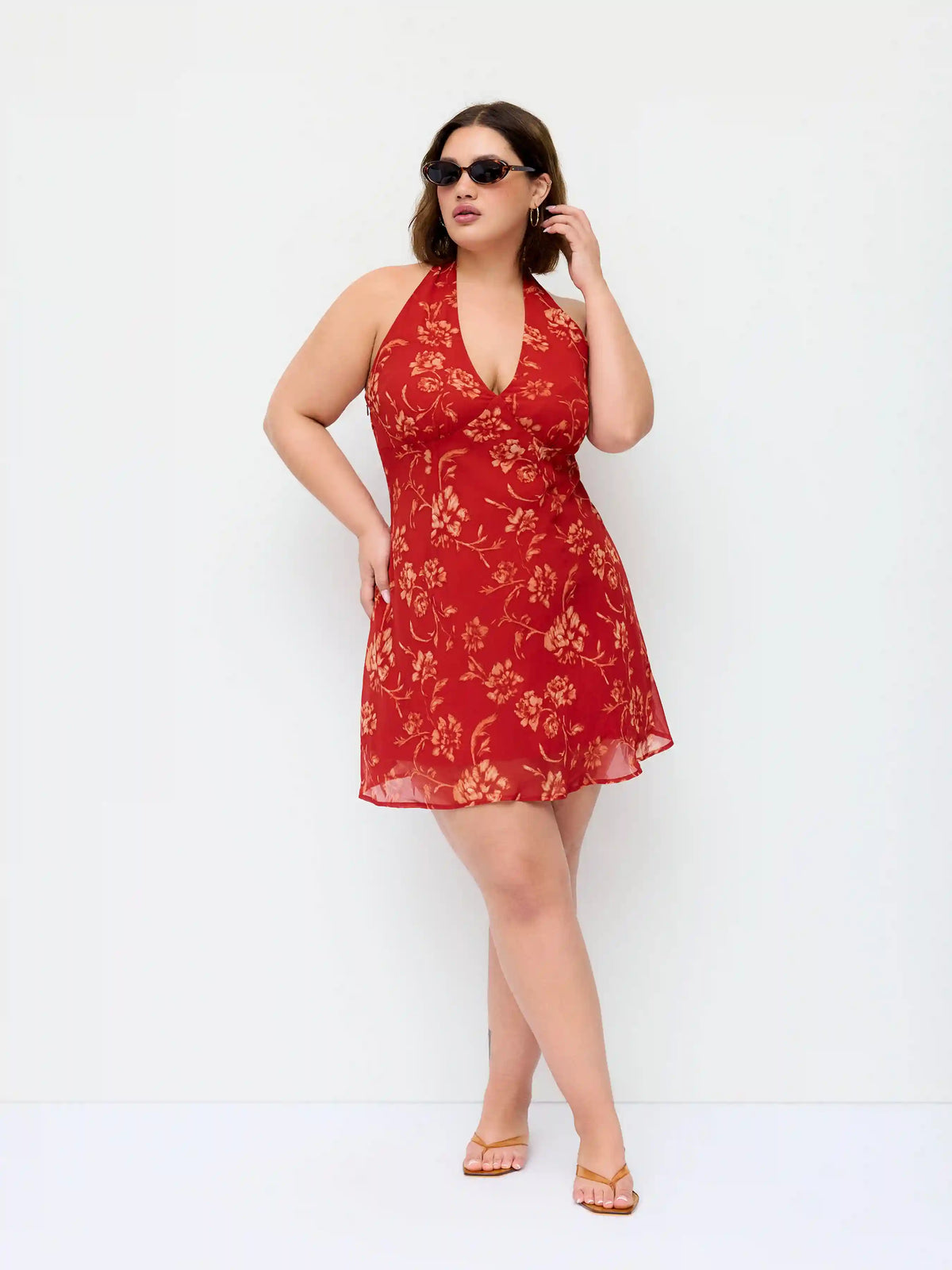 Chiffon Floral Halter Neckline A-line Midi Dress Curve & Plus