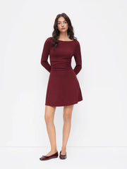Cotton-blend Boat Neck Long Sleeve Ruched Flared Mini Dress