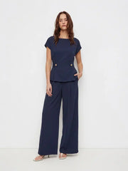 Boat Neck Metal Button Top & Mid Rise Pleated Straight Leg Trousers Set