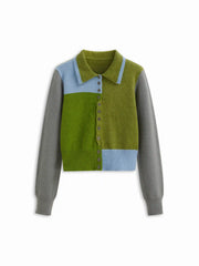 Knit Colorblock Patchy Collar Long Sleeve Button Cardigan