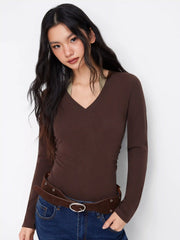 Cotton-blend Colorblock Halter V-neck Long Sleeve Ruched Bodysuit