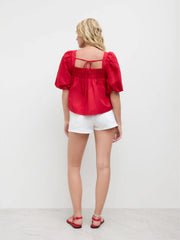 Cotton-blend Shirred Knotted Puff Sleeve Oversized Blouse