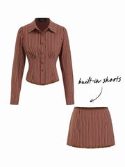 Ruched Collar Striped Top & Mid Rise Striped Mini Skirt Set