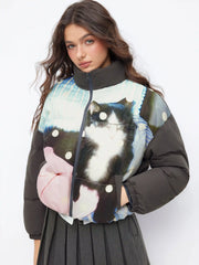Cat Graphic Stand Collar Polka Dot Drawstring Zip Through Puffer