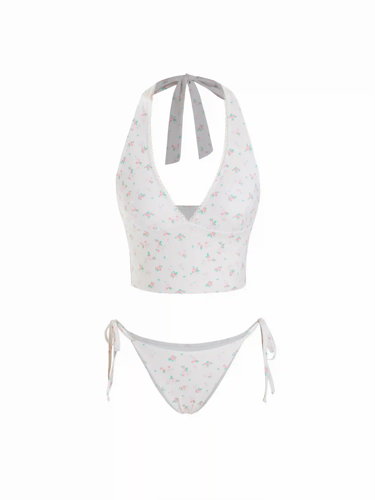 Halter Neckline Floral Tankini Tie Side Bikini Set