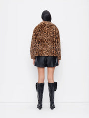 Faux Fur Leopard Print Collar Metal Button Jacket