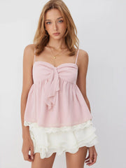 Sweetheart Neck Bowknot Lace Trim  Longline Oversized Cami Blouse