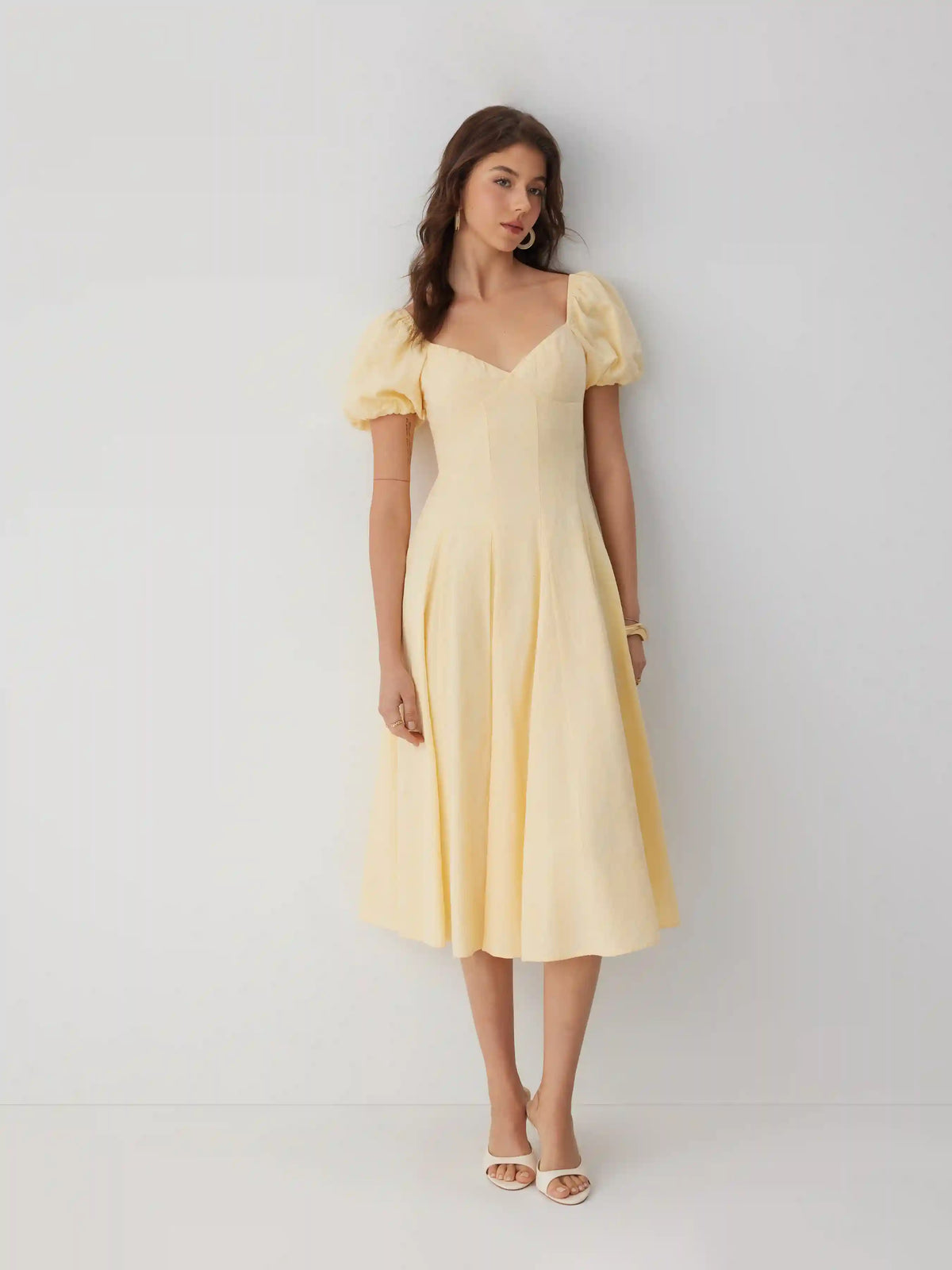 Cotton Sweetheart Neck Puff Sleeve Flared Midi Dress