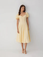 Cotton Sweetheart Neck Puff Sleeve Flared Midi Dress