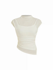 High Neck Ruched Asymmetrical Sheer Short Sleeve Top