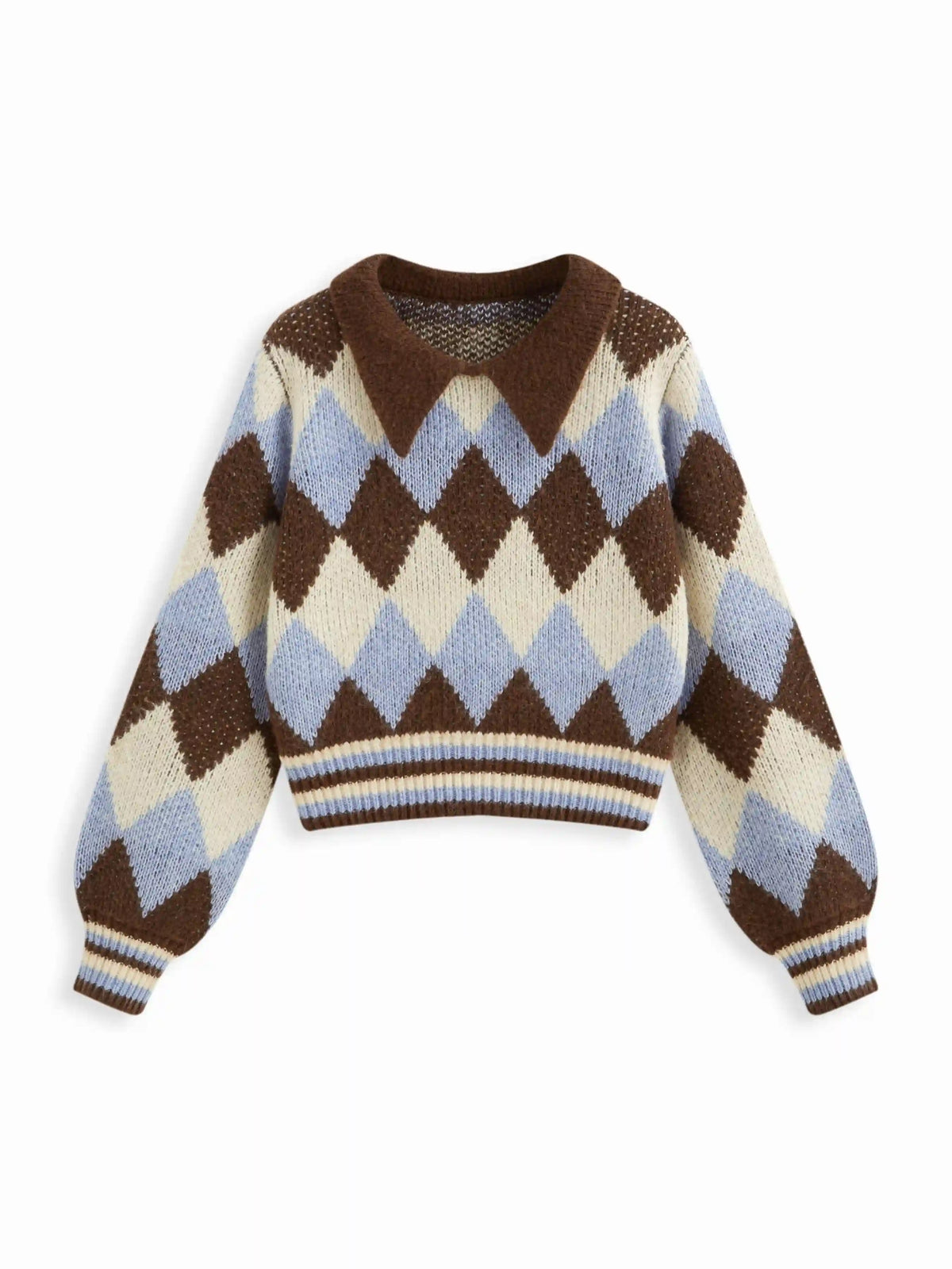 Argyle Pattern Wool-blend Collar Long Sleeve Top