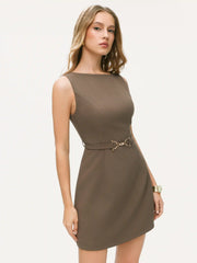 Boat Neck Metal Detail Zipper Mini Dress With Belt