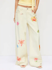 Washed Denim Low Rise Floral Graphic Wide Leg Trousers