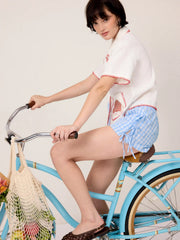Cotton Mid Rise Gingham Drawstring Micro Shorts