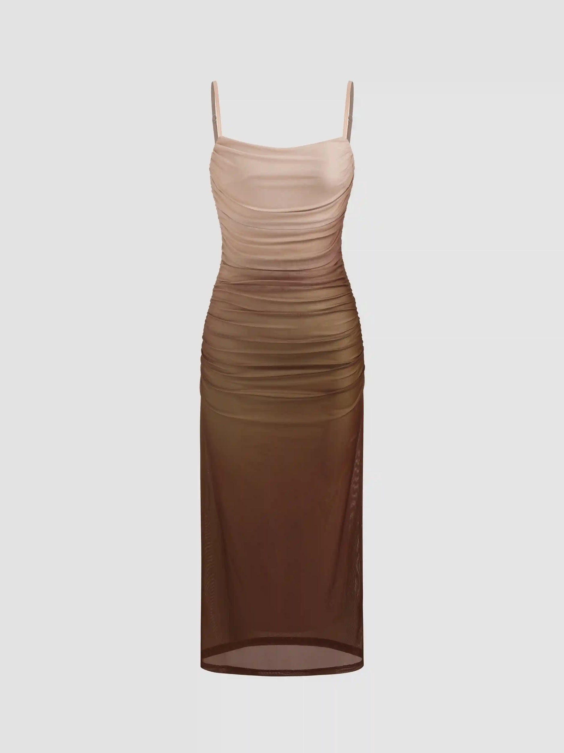 Mesh Square Neck Gradient Ruched Maxi Dress