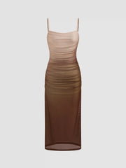 Mesh Square Neck Gradient Ruched Maxi Dress