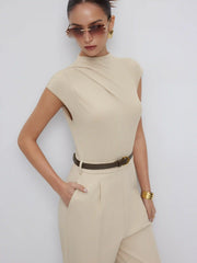 High Neck Draped Mid Rise Wide Leg Jumpsuit With Belt