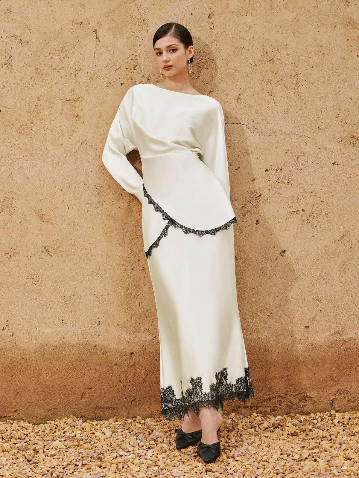 Satin Draped Lace Trim Top & Mid Rise Mermaid Maxi Skirt Set