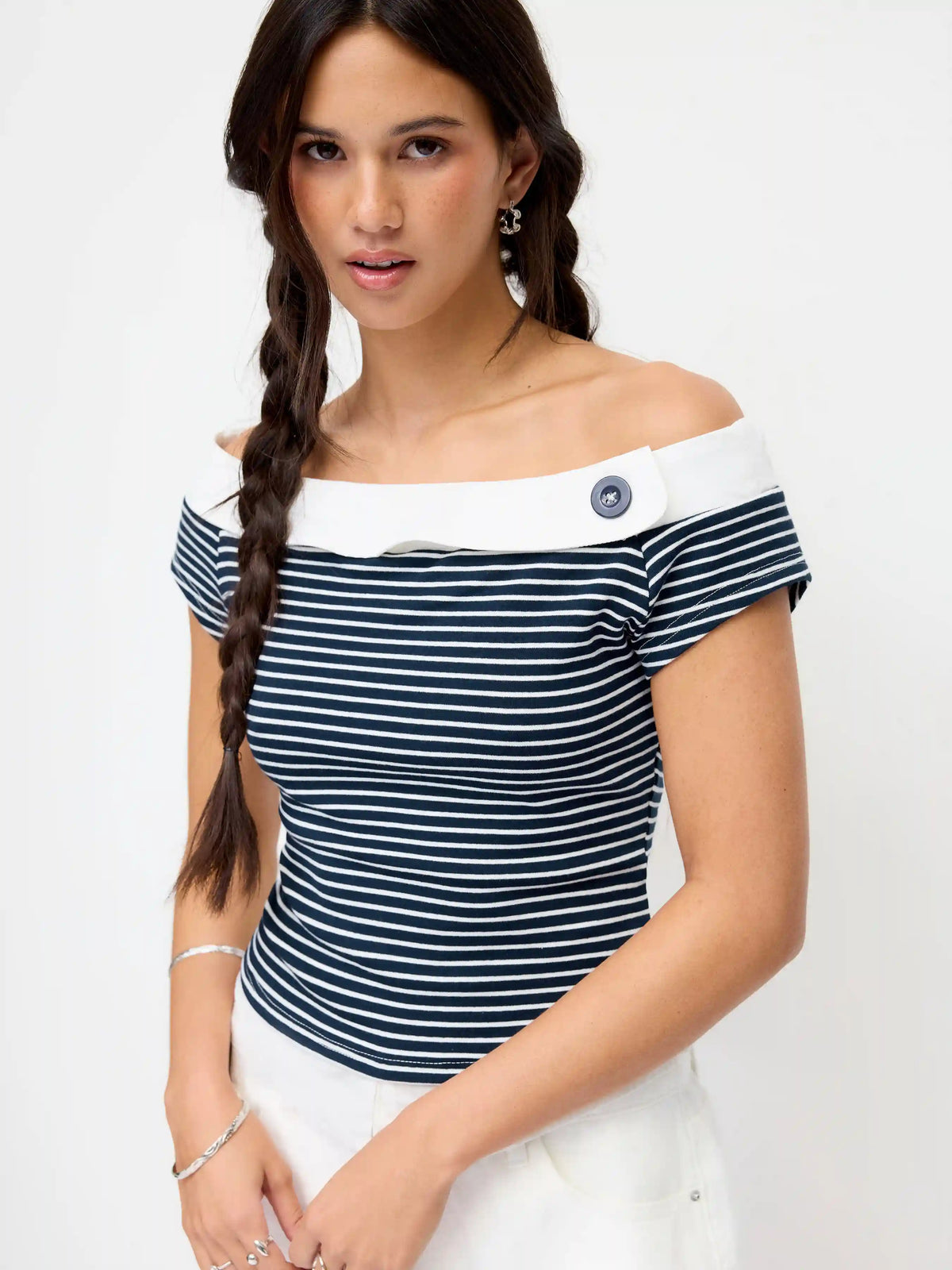 Cotton-blend Striped Asymmetrical Neck Short Sleeve Tee
