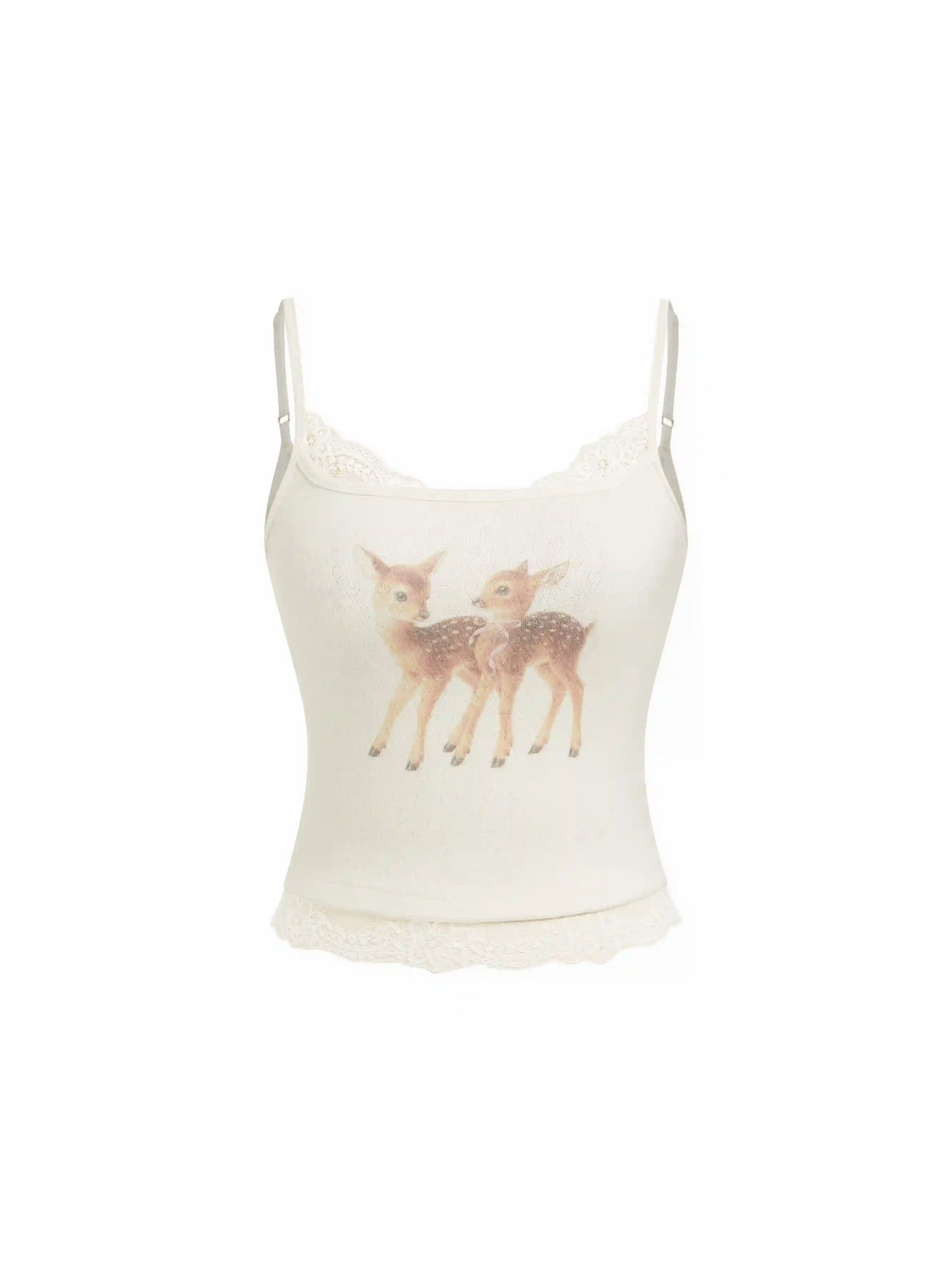 Round Neckline Deer Graphic Lace Trim Cami Top