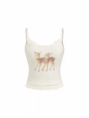 Round Neckline Deer Graphic Lace Trim Cami Top