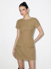 Jacquard Round Neckline Houndstooth Mini Dress With Metal Detail