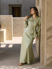 Satin V-neck Draped Pearl Button Top &  Mid Rise Mermaid Maxi Skirt Set
