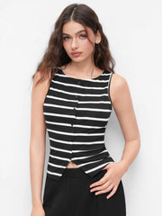 Striped Round Neckline Split Tank Top & Mid Rise Straight Leg Trousers Set