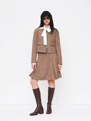 Tweed Mid Rise Houndstooth Midi Skirt With Belt