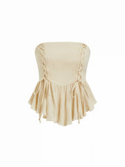 Cotton-blend Strapless Ruched Lace-up Peplum Crop Top