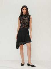 Lace Mandarin Collar Floral See-through Tank Top
