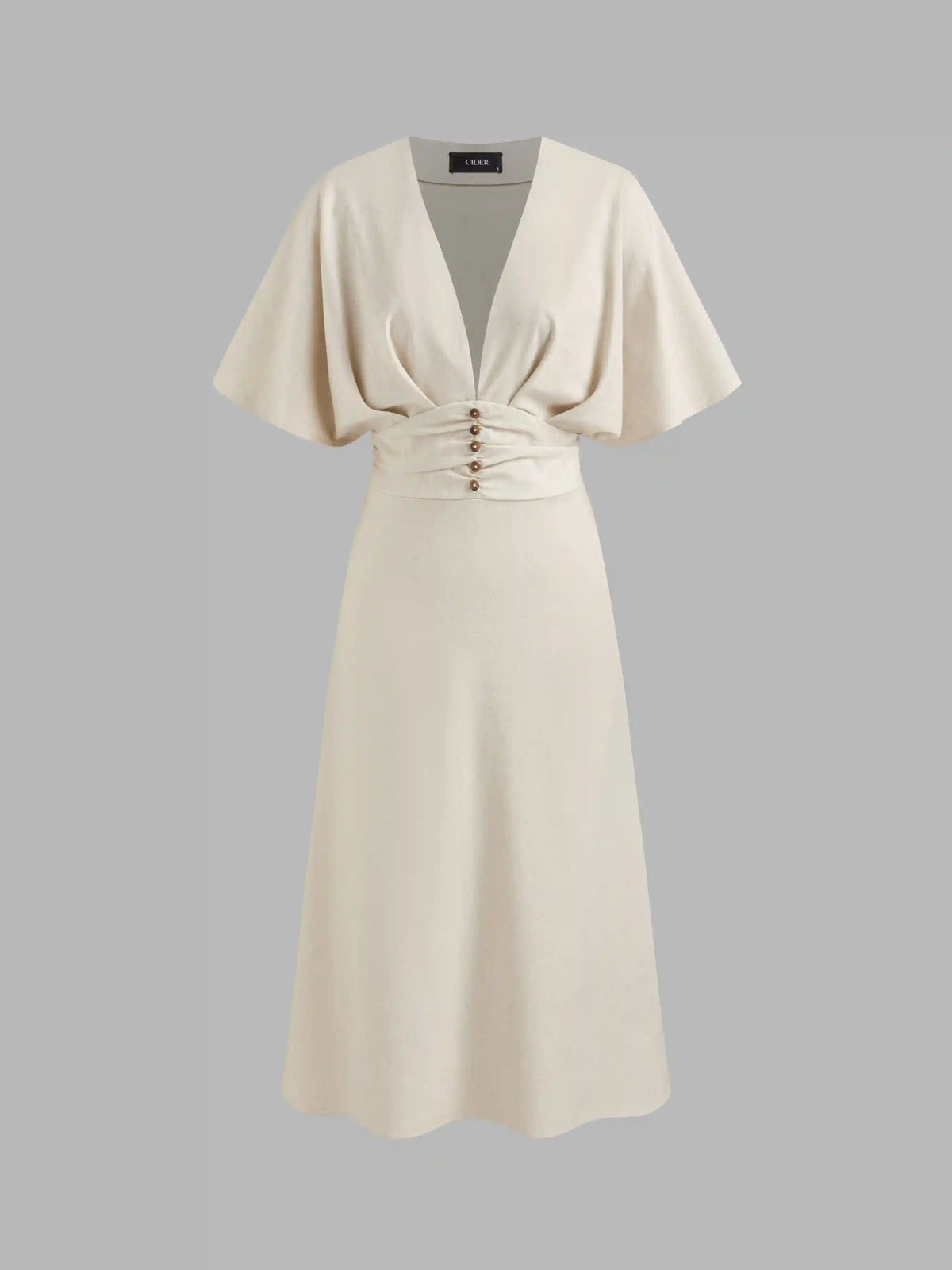 Linen-blend V-neck Solid Ruffle Ruched Midi Dress
