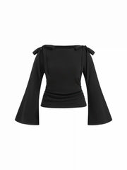 Boat Neck Bowknot Ruched Long Sleeve Top Curve & Plus