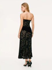 Vestido Maxi Sirena Bandeau de terciopelo y encaje floral y estampado