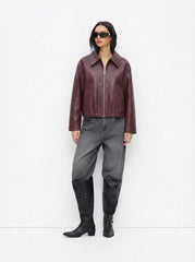 Faux Leather Collar Long Sleeve Zip Through Biker Jacket