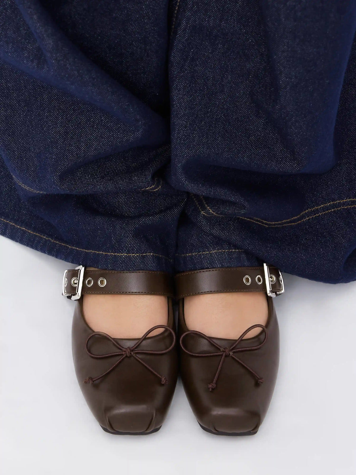 SQUARE TOE BOWKNOT DECOR BUCKLE MARY JANE FLATS