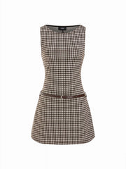 Round Neck Plaid A-line Mini Dress With Belt