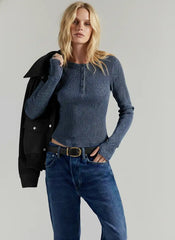 Striped Round Neckline Long Sleeve Button Top