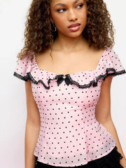 Heart Square Neck Lace Trim Bowknot Shirred Blouse