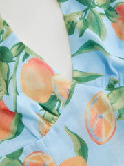 Fruit Graphic V-Neck Shirred Tie Back Ruffle Hem Cami Blouse
