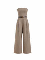 Houndstooth Shirred Wide Leg Bandeau Jumpsuit With Belt