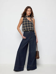 Plaid Halter Neck Asymmetrical Crop Blouse Bodysuit With Scarf