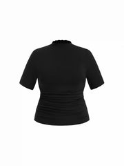 Stand Collar Lettuce Trim Ruched Mid-length Sleeve Tee Curve & Plus