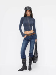 High Neck Striped Asymmetrical Zipper Metal Detail Long Sleeve Top