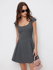 Woven Square Neck Pleated A-line Mini Dress