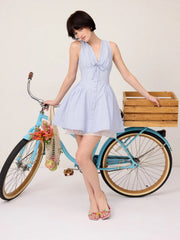 Gingham V-neck Lace Panel Bowknot Babydoll Mini Dress